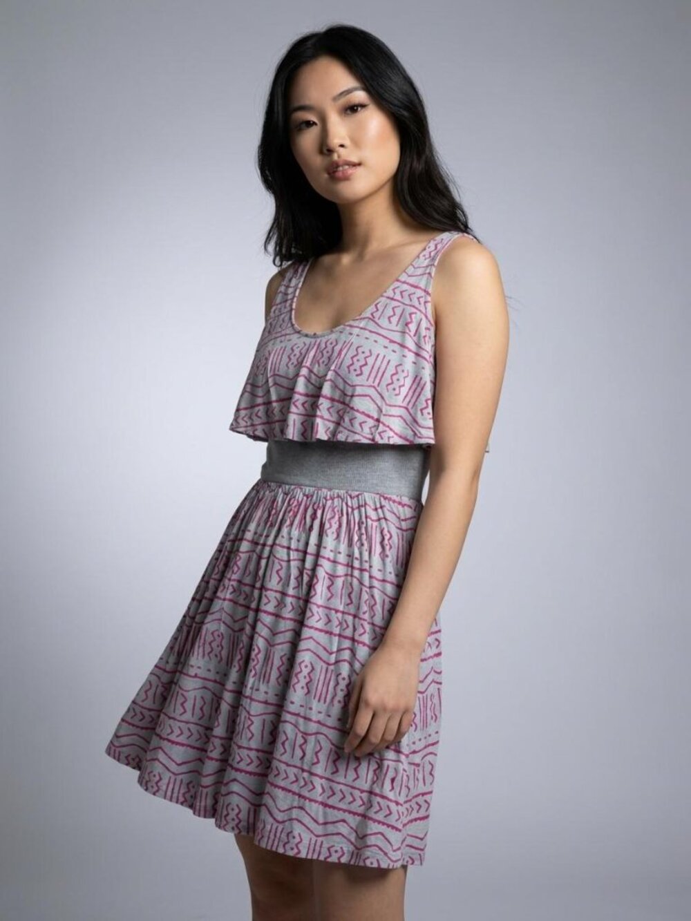 Urban Outfitters Pink Grey Geometric Aztec Ruffle Mini Dress